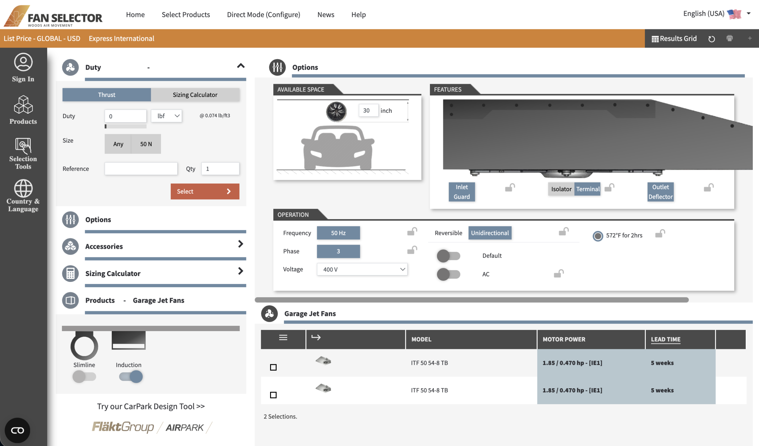 Woods Air fan selection software interface showing product configuration and performance parameters