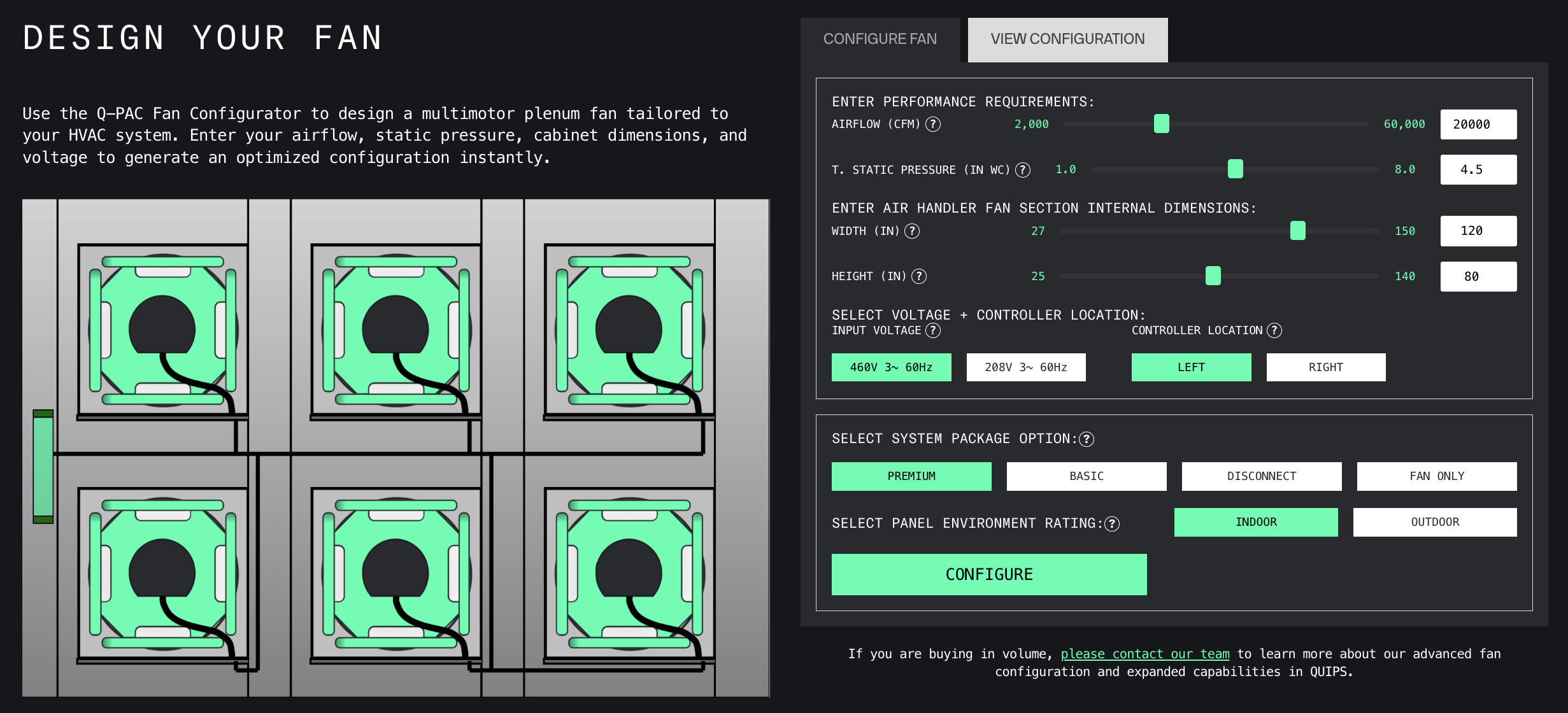 Q-PAC Fan Configurator interface showing airflow inputs and fan configuration output